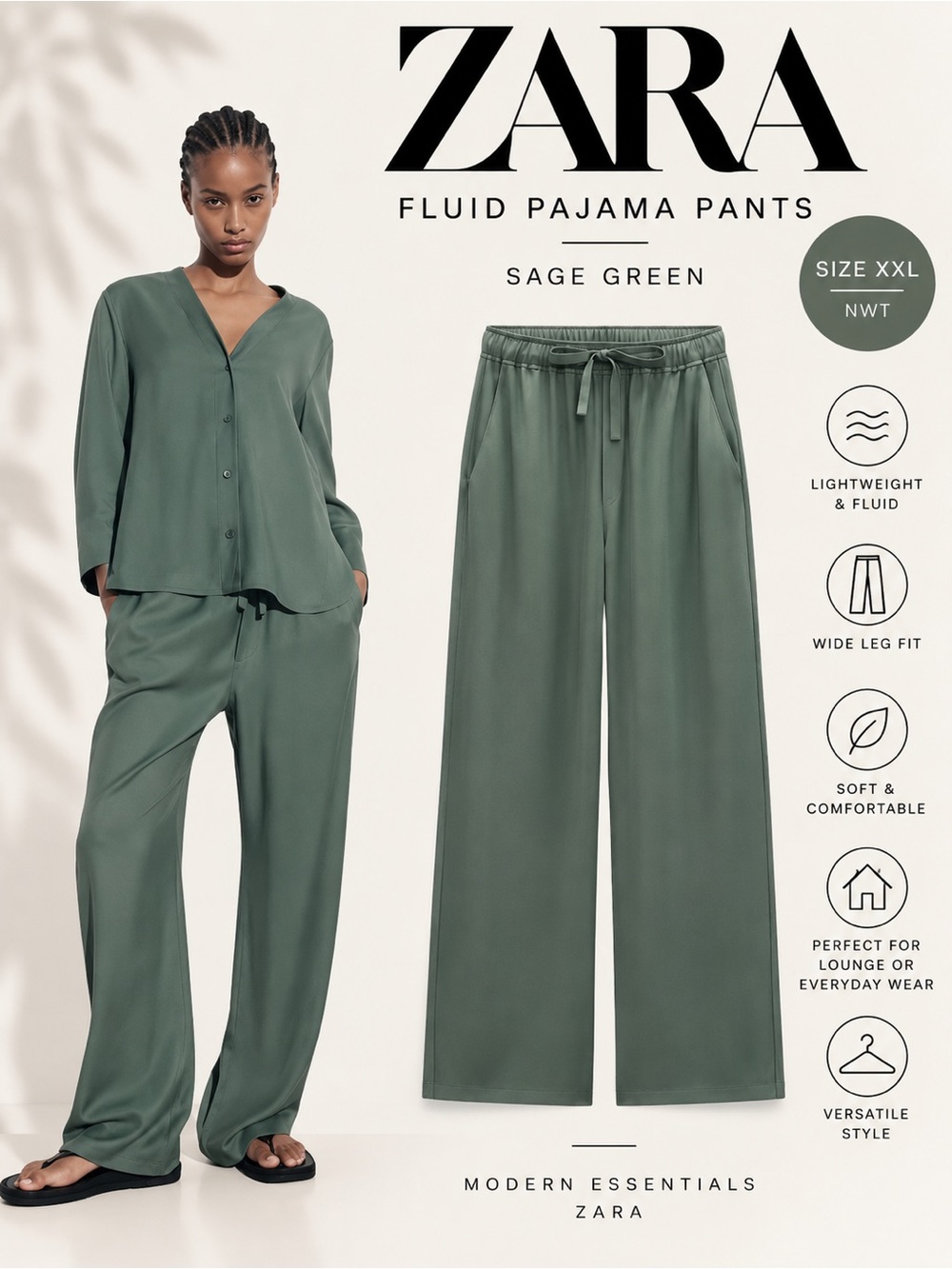 ZARA Sage Green Fluid Pajama Wide Leg Pants XXL NWT